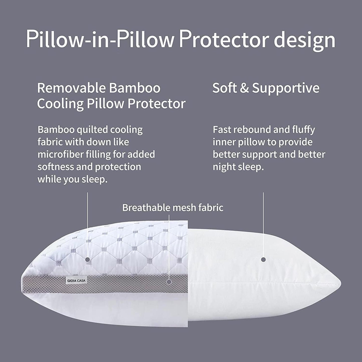 Premium Bamboo Cooling Twin Pack Plush Down-Like Pillows - Medium to High Profile (2PCS) - with Free 2 Quilted Pillow