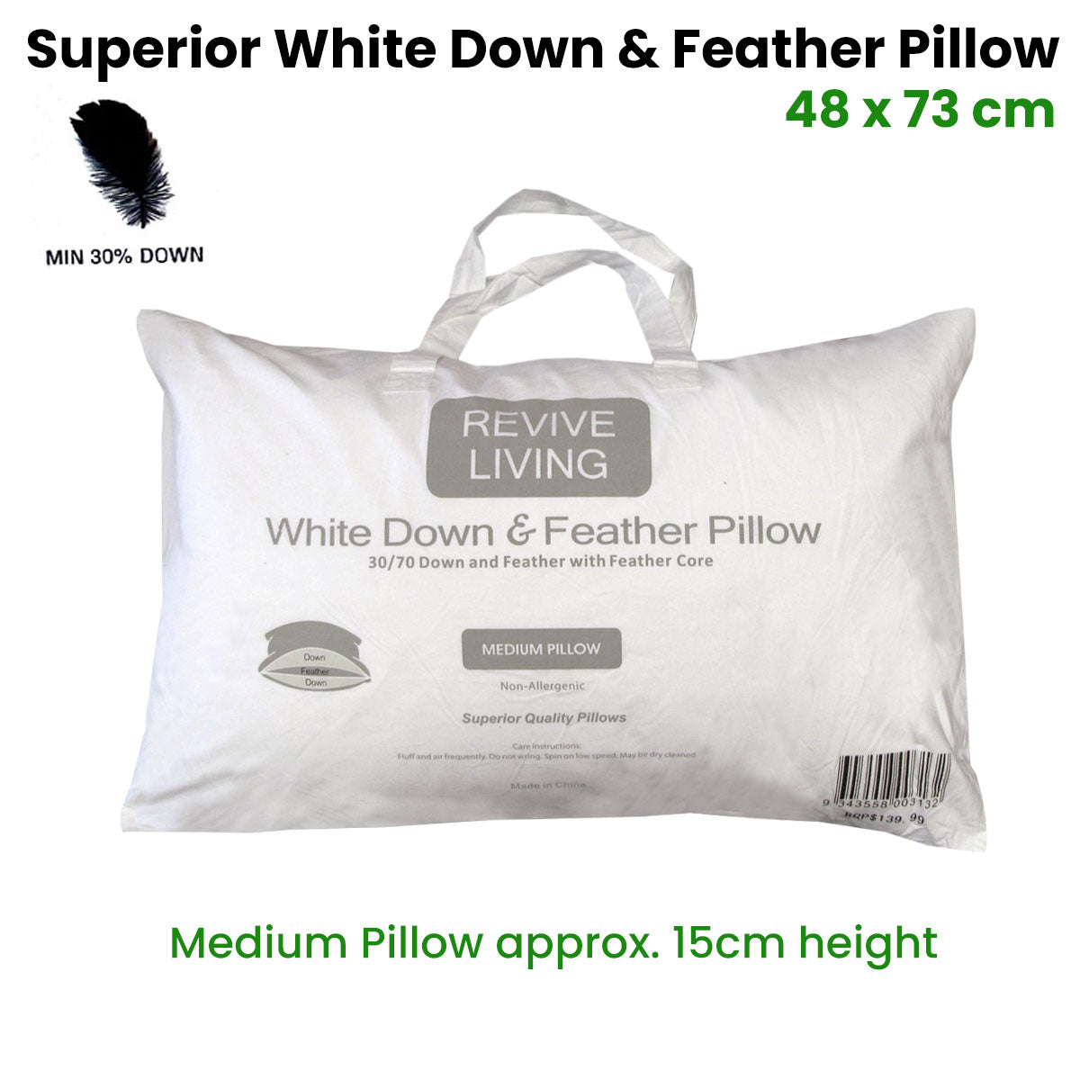 70% Feather 30% Down Superior Medium Standard Pillow 48 x 73 cm - Home & Garden > Bedding > Pillows
