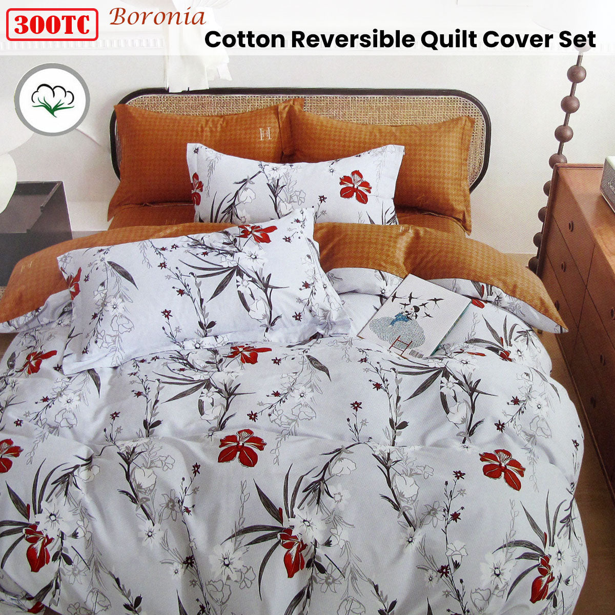 300TC Boronia Silver Reversible Cotton Quilt Cover Set King Home & Garden > Bedding > Duvet Covers