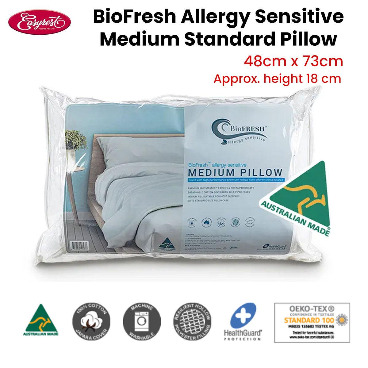 Easyrest BioFresh Allergy Sensitive Medium Standard Pillow 48 x 73 cm - Home & Garden > Bedding > Pillows