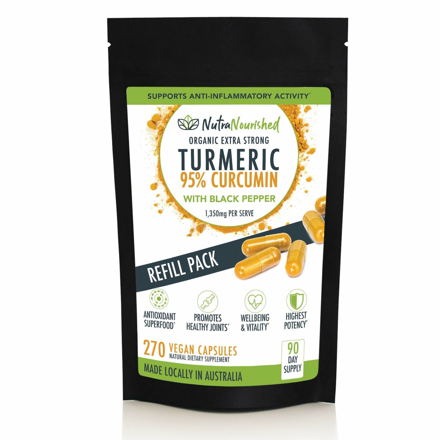REFILL BAG - Organic 270 Vegan Curcumin Extract Capsules/ 3 Month Supply - Health & Beauty > Nutrition & Supplements