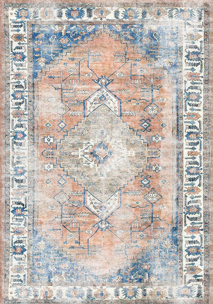Decorative rug with intricate patterns in shades of blue, orange, and beige.