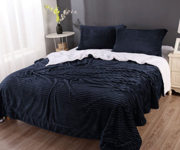 stripe flannel sherpa blanket king navy Home & Garden > Bedding