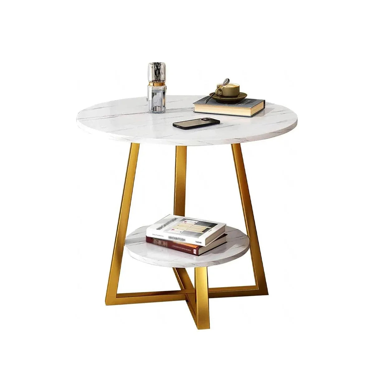 Round side table with marble top and gold metal legs on a white background