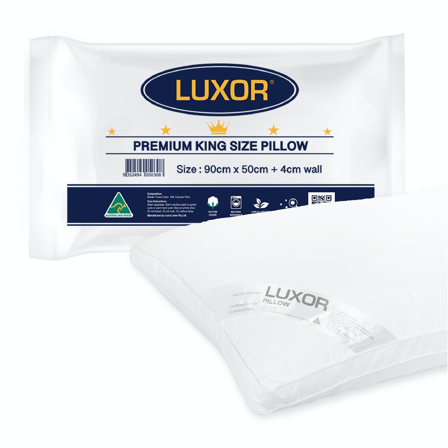 Luxor Australian Made Hotel King Size Pillow with 4cm Wall Single Pack - Home & Garden > Bedding > Pillows