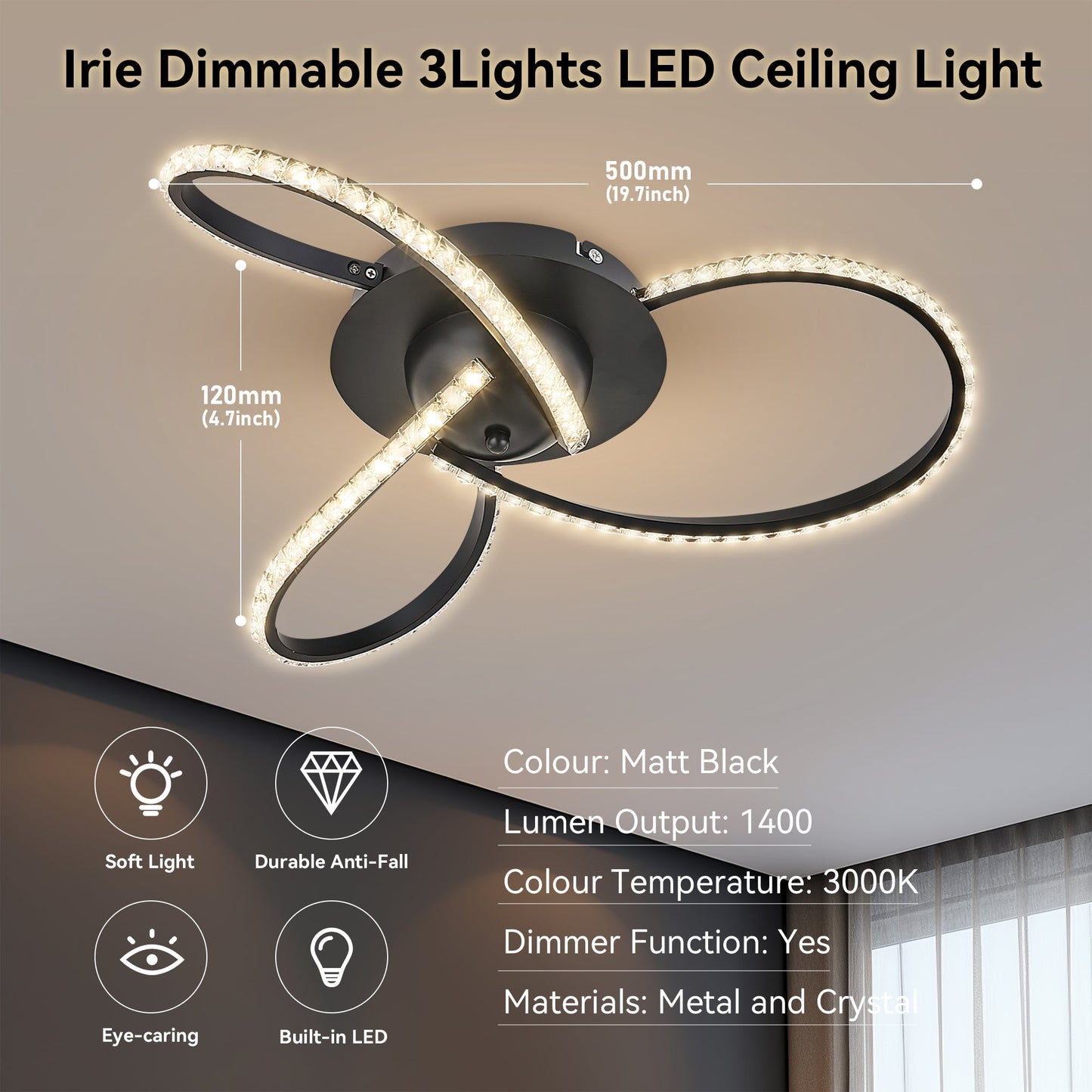 Irie Dimmable 3 Lights LED Ceiling Light - Black - Home & Garden > Lighting > Ceiling Lights