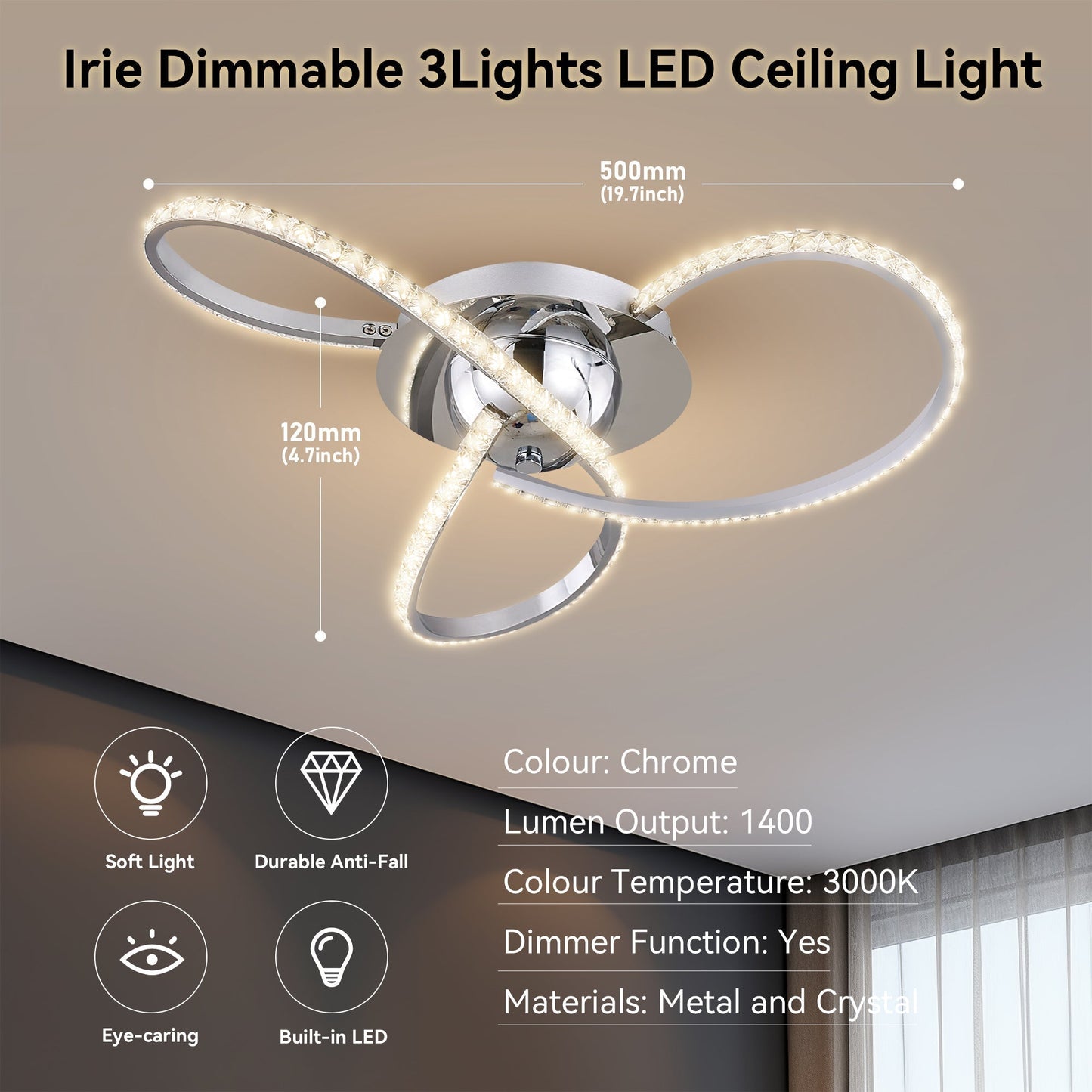 Irie Dimmable 3 Lights LED Ceiling Light - Chrome - Home & Garden > Lighting > Ceiling Lights