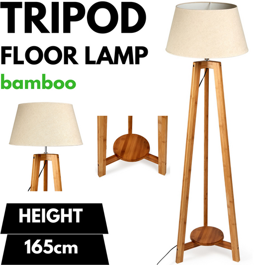 155cm Large Bamboo Wooden Tripod Floor Lamp w Beige Linen Light Shade Home & Garden > Lighting > Floor Lamps