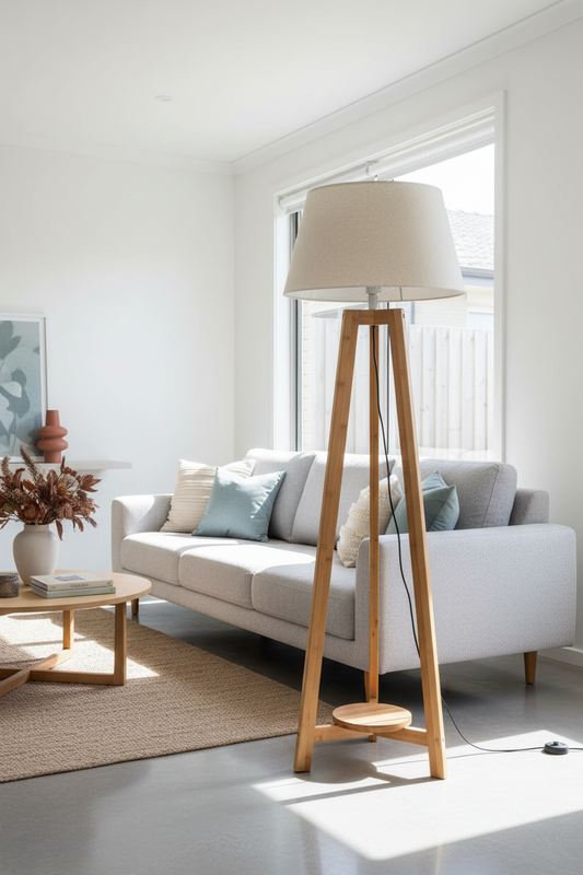 155cm Large Bamboo Wooden Tripod Floor Lamp w Beige Linen Light Shade