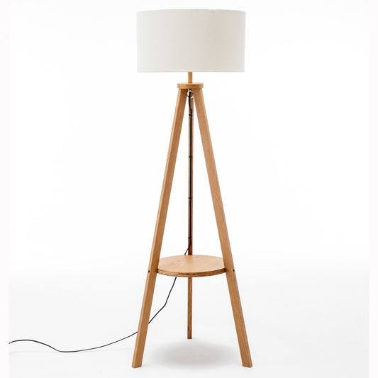 Natural Wooden Tripod Floor Lamp w/ Round Wood Shelf + Off White Linen Shade Home & Garden > Lighting > Floor Lamps