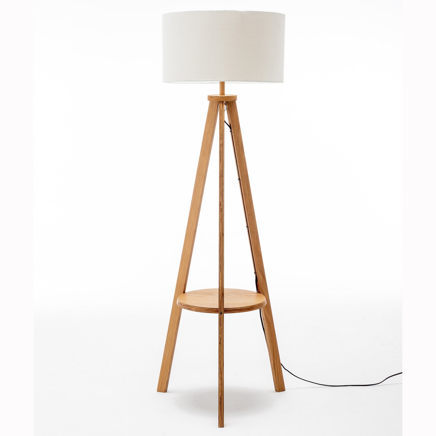 Natural Wooden Tripod Floor Lamp w/ Round Wood Shelf + Off White Linen Shade Home & Garden > Lighting > Floor Lamps