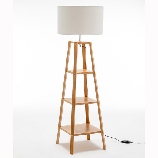 Eiffel 3 Tier Natural Wood Floor Lamp w/ Storage Shelves + Off White Linen Shade Home & Garden > Lighting > Floor Lamps