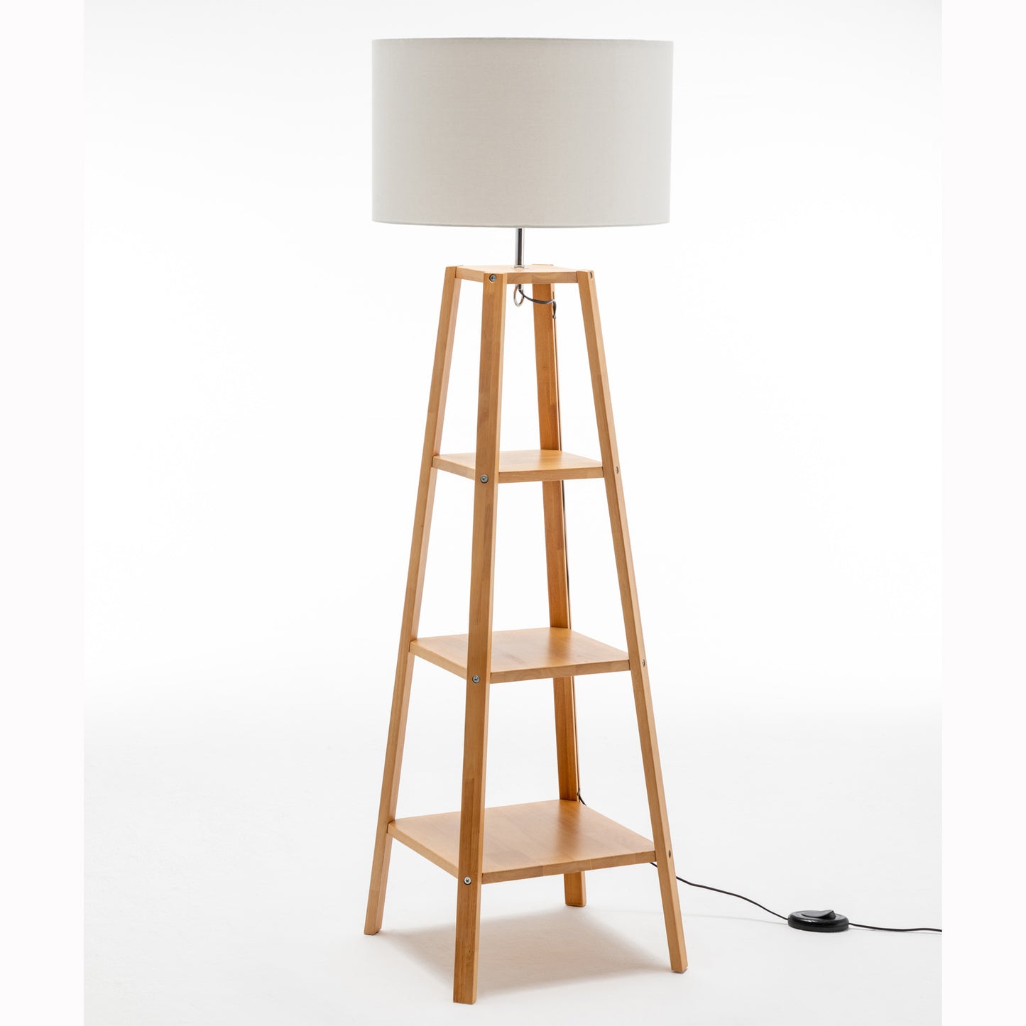 Eiffel 3 Tier Natural Wood Floor Lamp w/ Storage Shelves + Off White Linen Shade Home & Garden > Lighting > Floor Lamps
