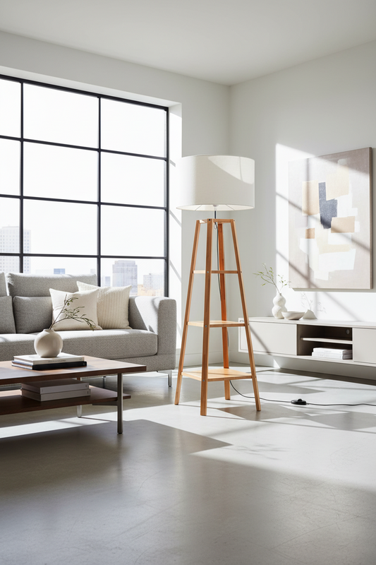 Eiffel 3 Tier Natural Wood Floor Lamp w/ Storage Shelves + Off White Linen Shade