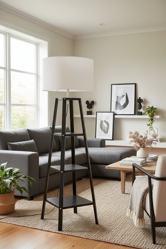 Eiffel 3 Tier Natural Wood Floor Lamp w/ Storage Shelves + Off White Linen Shade