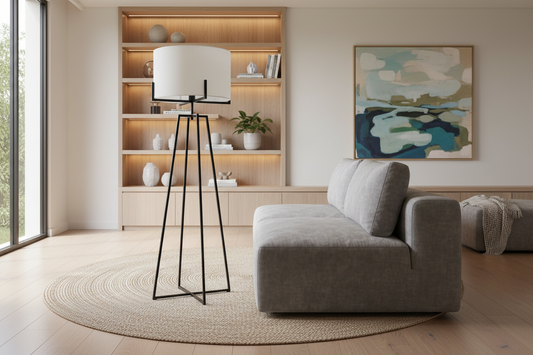 Modern Dimmable Floor Lamp w/ Linen Shade Designer Bedroom Lighting - Matte Black