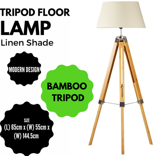 LARGE TRIPOD FLOOR LAMP Linen Shade Modern Light Bamboo Vintage Wooden Retro Home & Garden > Lighting > Floor Lamps