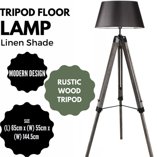 LARGE TRIPOD FLOOR LAMP Linen Shade Modern Light Retro Vintage Wooden - Home & Garden > Lighting > Floor Lamps