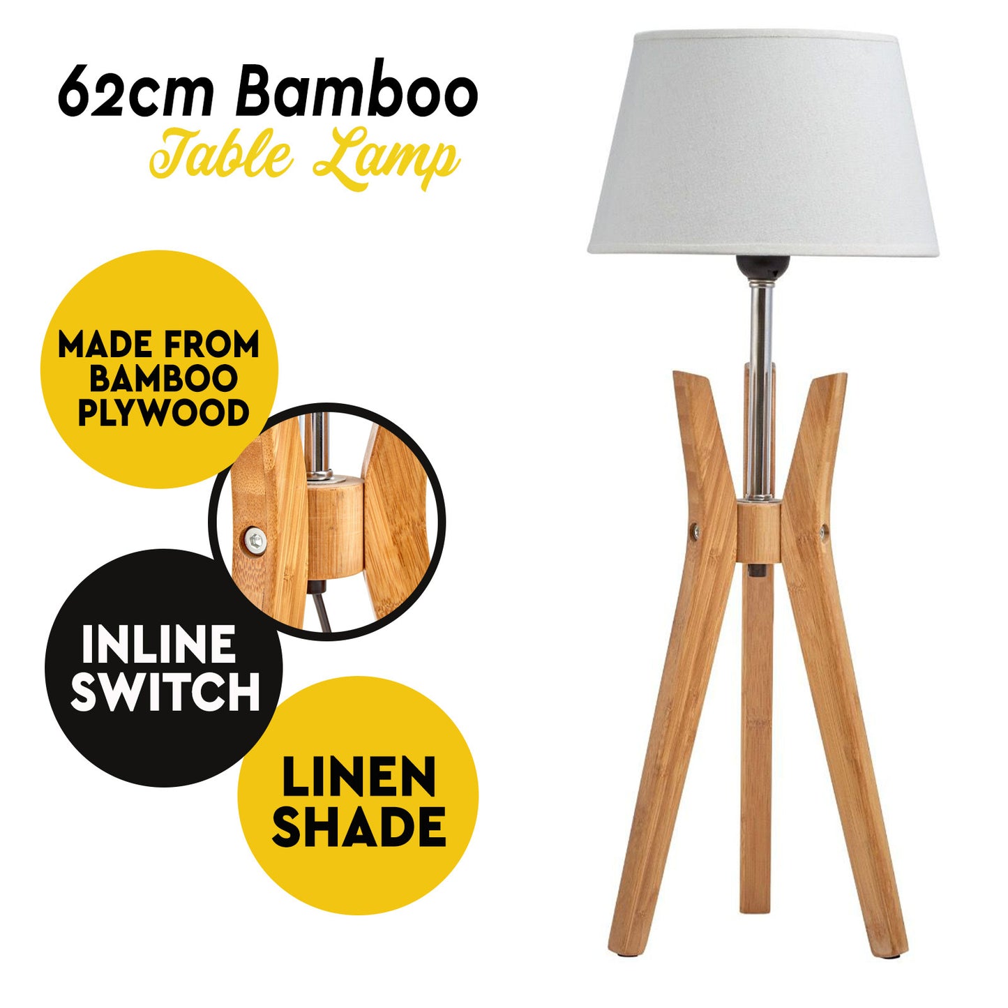 Bamboo Tripod Table Lamp Desk Modern Rustic Geo Light w Linen Shade - Home & Garden > Lighting > Table Lamps