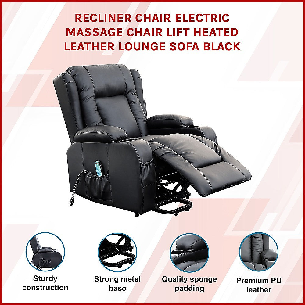 Recliner Chair Electric Massage Chair Lift Heated Leather Lounge Sofa Black Furniture > Bar Stools & Chairs > Arm
