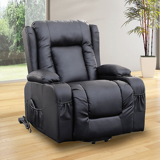 Recliner Chair Electric Massage Chair Lift Heated Leather Lounge Sofa Black - Furniture > Bar Stools & Chairs > Arm