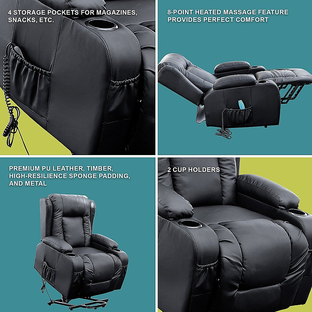Recliner Chair Electric Massage Chair Lift Heated Leather Lounge Sofa Black Furniture > Bar Stools & Chairs > Arm