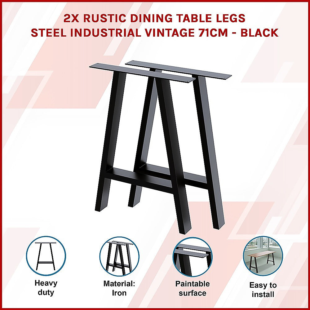 2x Rustic Dining Table Legs Steel Industrial Vintage 71cm - Black - Home & Garden > DIY > Table Tops & Bases