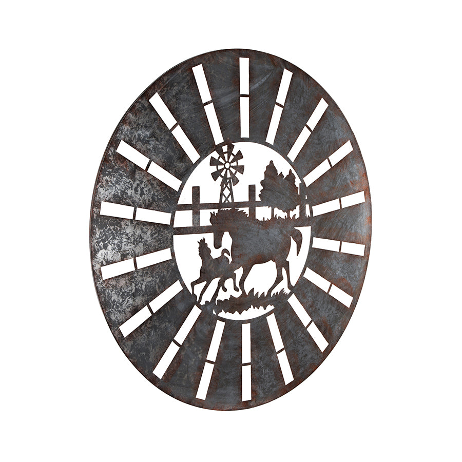 Galvanised w Rust Horses Round Laser Cut Wall Art 100cm