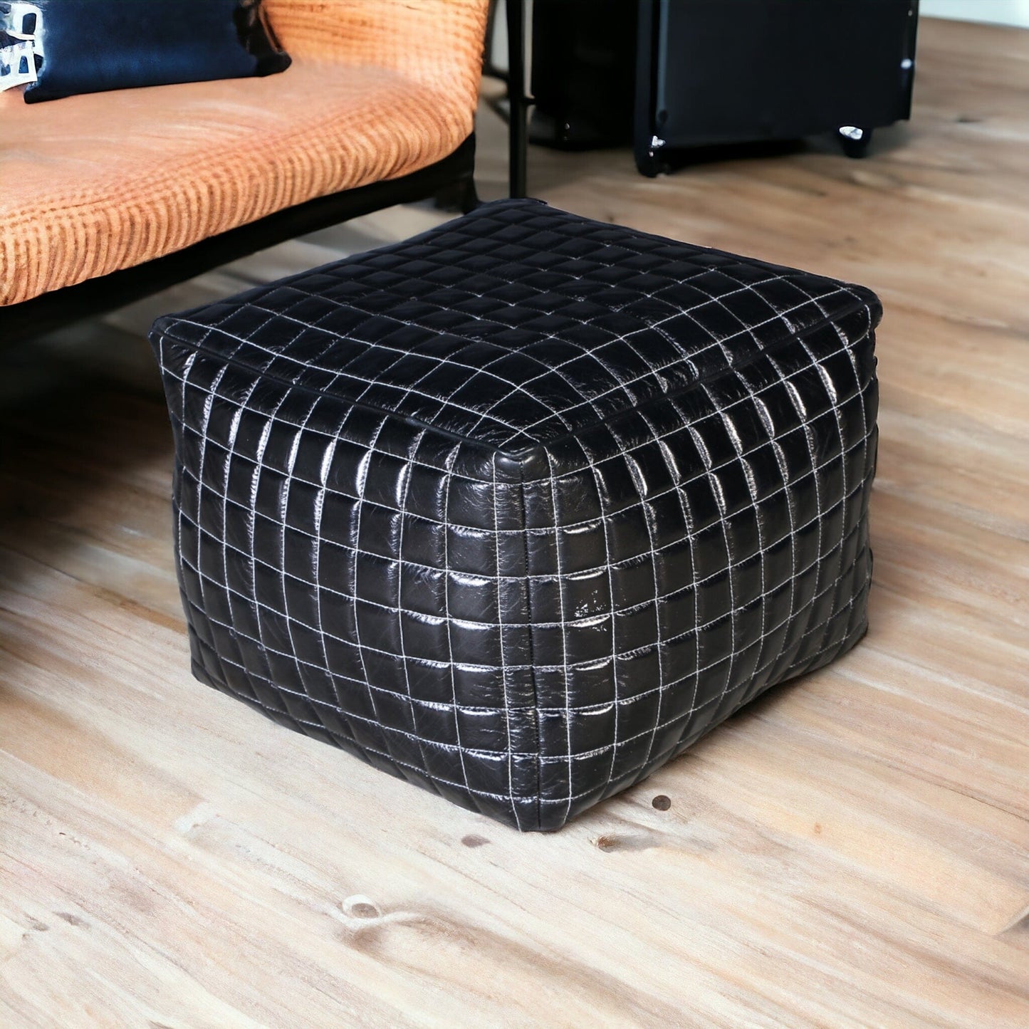 SLEEK BLACK LEATHER OTTOMAN - Furniture > Living Room > Ottomans & Footstools