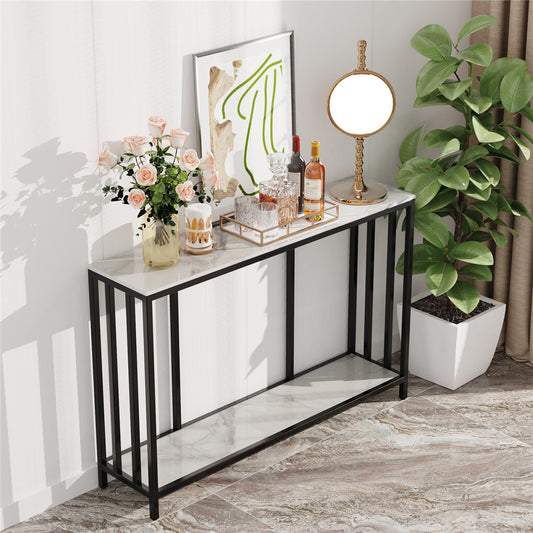 Console table with decorative items in a room setting