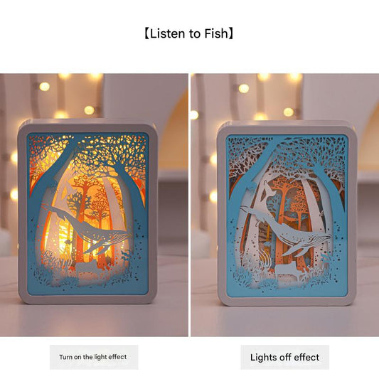 Listening To Fish Style 3D Paper Carving Night Light - USB Or Battery Powered Decorative Bedside Lamp | Atmosphere Lamp