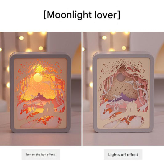 Moonlight Lovers 3D Paper Carving Night Light USB Or Battery Powered Decorative Bedside Lamp | Atmosphere Lamp