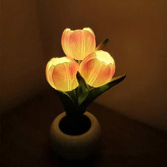 Orange Flowers USB Tulip Night Light Bedroom Decor Table Lamp with PU Flowers & Ceramic Pot Perfect Gift for Family &