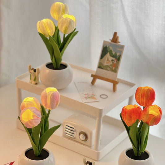 Yellow Flowers USB Tulip Night Light Bedroom Decor Table Lamp with PU Flowers & Ceramic Pot Perfect Gift for Family &