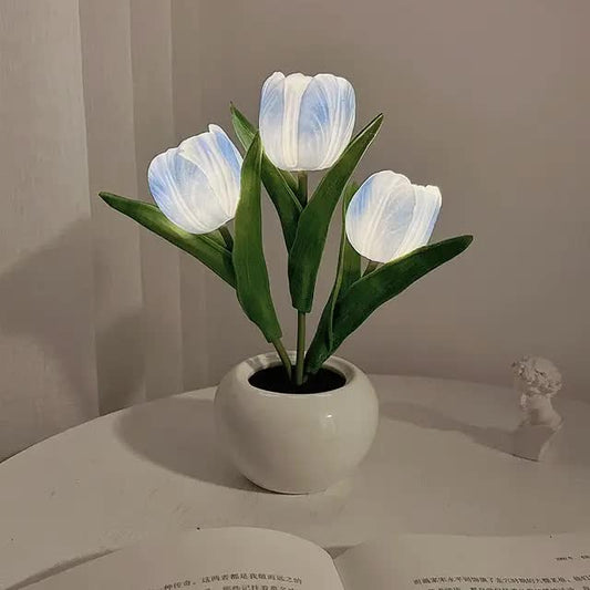 Blue Flowers USB Tulip Night Light Bedroom Decor Table Lamp with PU Flowers & Ceramic Pot Perfect Gift for Family &