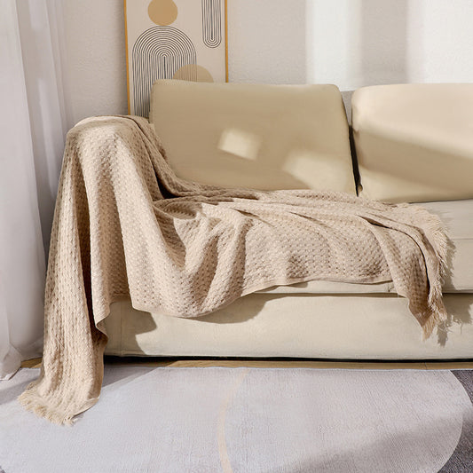 130*230CM Khaki Nordic Solid Color Knitted Sofa Throw Blanket with Tassels Waffle Weave Polyester Decorative Blanket
