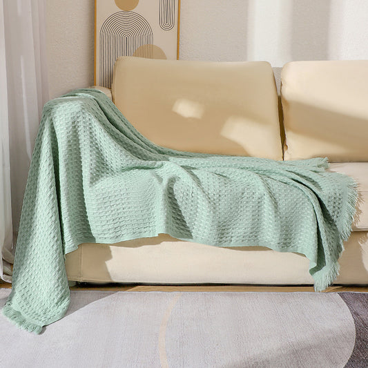 130*230CM Cyan Nordic Solid Color Knitted Sofa Throw Blanket with Tassels Waffle Weave Polyester Decorative Blanket