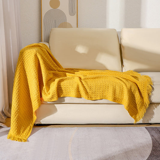 130*230CM Bright Yellow Nordic Solid Color Knitted Sofa Throw Blanket with Tassels Waffle Weave Polyester Decorative