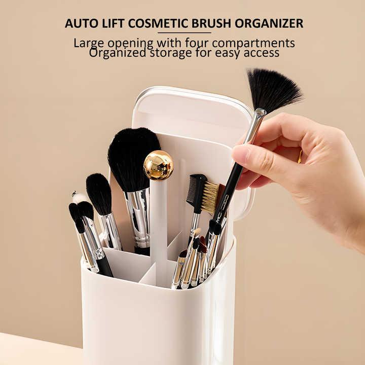 Black Gold Automatic Lifting Makeup Brush Holder with 4 Compartments Large Capacity Cosmetic Brush Organizer(Makeup
