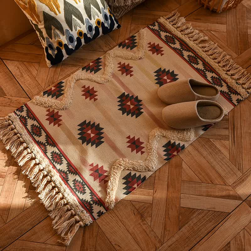 Handwoven Cotton Tassel Floor Rug for Bedroom or Living Room|Soft Modern Geometric Design,60x90cm Home & Garden > Rugs
