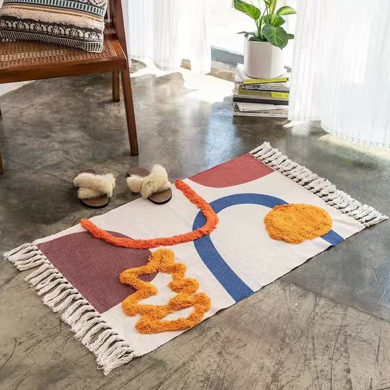 Handwoven Cotton Tassel Floor Rug for Bedroom or Living Room|Soft Modern Geometric Design,60x90cm Home & Garden > Rugs