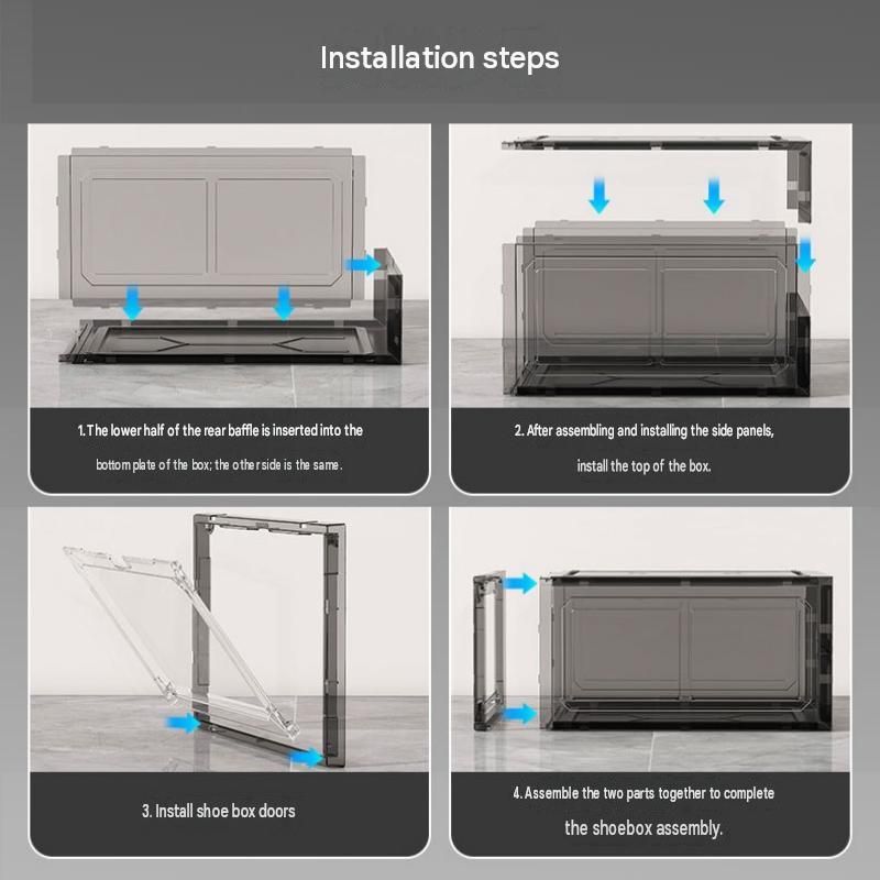 4 transparent black ones Stackable Magnetic Shoe Storage Box - Transparent PS Plastic - Front Opening Door, Dustproof Display, Space Saving Modular Design for Sneakers and Home Organisation
