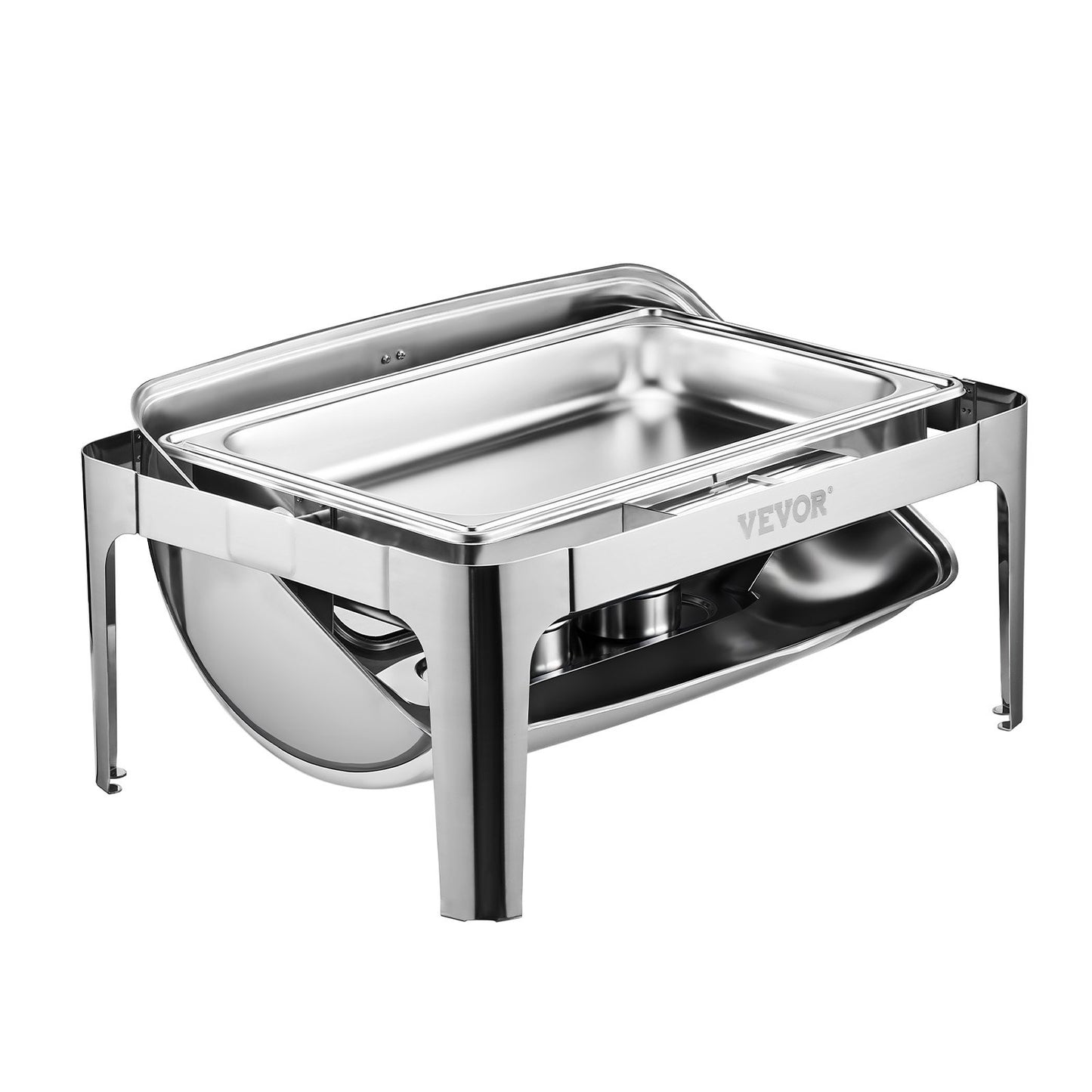 Roll Top Chafing Dish Buffet Complete Set, 9 Qt 1 Pack Stainless Steel Chafer with 2 Half Size Pans, Rectangle Catering Warmer Server with Visible Lid Water Pan Folding Stand Fuel Holder, Silver