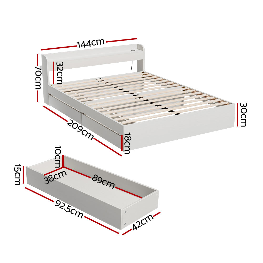 Artiss Bed Frame Double Size Mattress Base wtih Charging Ports 2 Storage Drawers - Furniture > Bedroom > Beds & Bed