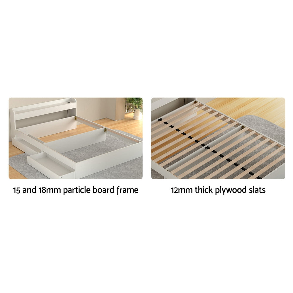 Artiss Bed Frame Double Size Mattress Base wtih Charging Ports 2 Storage Drawers - Furniture > Bedroom > Beds & Bed