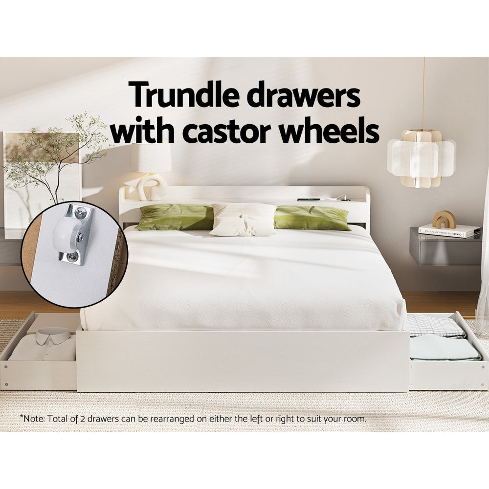 Artiss Bed Frame Double Size Mattress Base wtih Charging Ports 2 Storage Drawers - Furniture > Bedroom > Beds & Bed