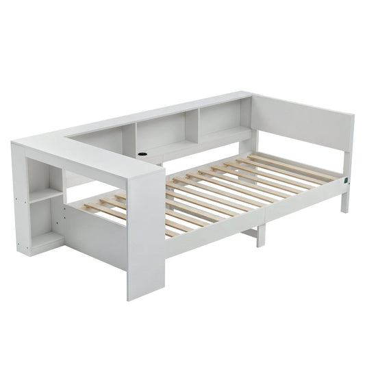 White Single Solid Wood Corner Platform Bed Frame with Built-in Desk, Storage Shelves and USB-C Charging Station for Small Spaces, Wooden Bed Base for Guest Room