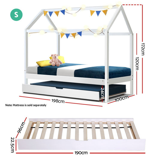 Bed Frame Wooden Trundle Daybed Kids House Frame White HOLY - Baby & Kids > Kid’s Furniture > Kid’s Beds & Bed Frames