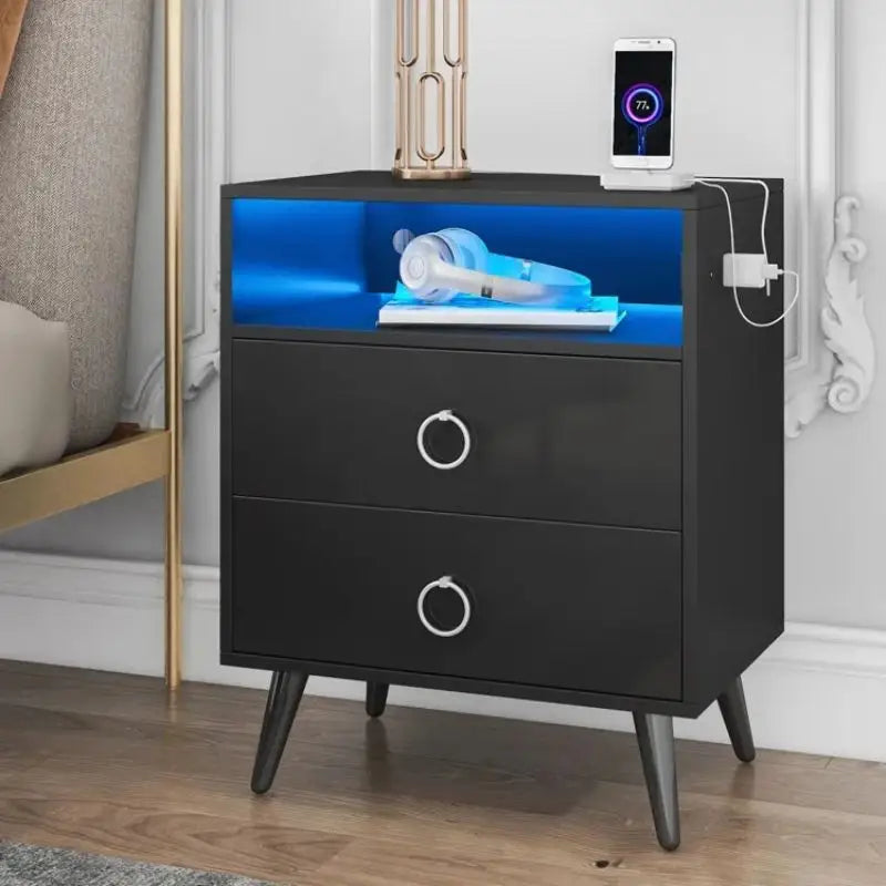 Amelia Modern Led Bedside Table with Usb and Power Socket Black