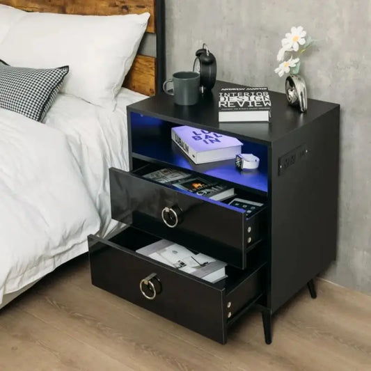 Amelia Modern Led Bedside Table with Usb and Power Socket Black